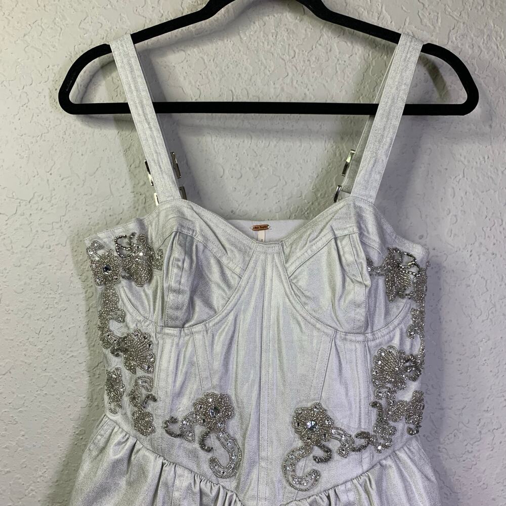 FREE PEOPLE Romper Janelle Bubble Style Size 4 Metallic Silver Hidden Side Zip - Picture 4 of 16